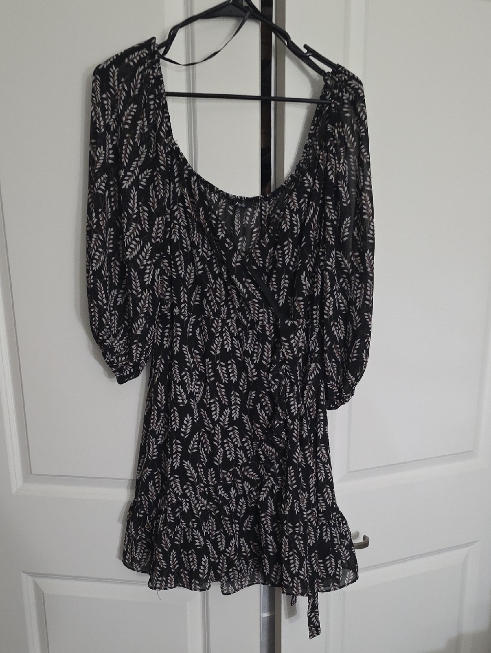 Papaya Black and White Leaf-Print Wrap Mini Dress